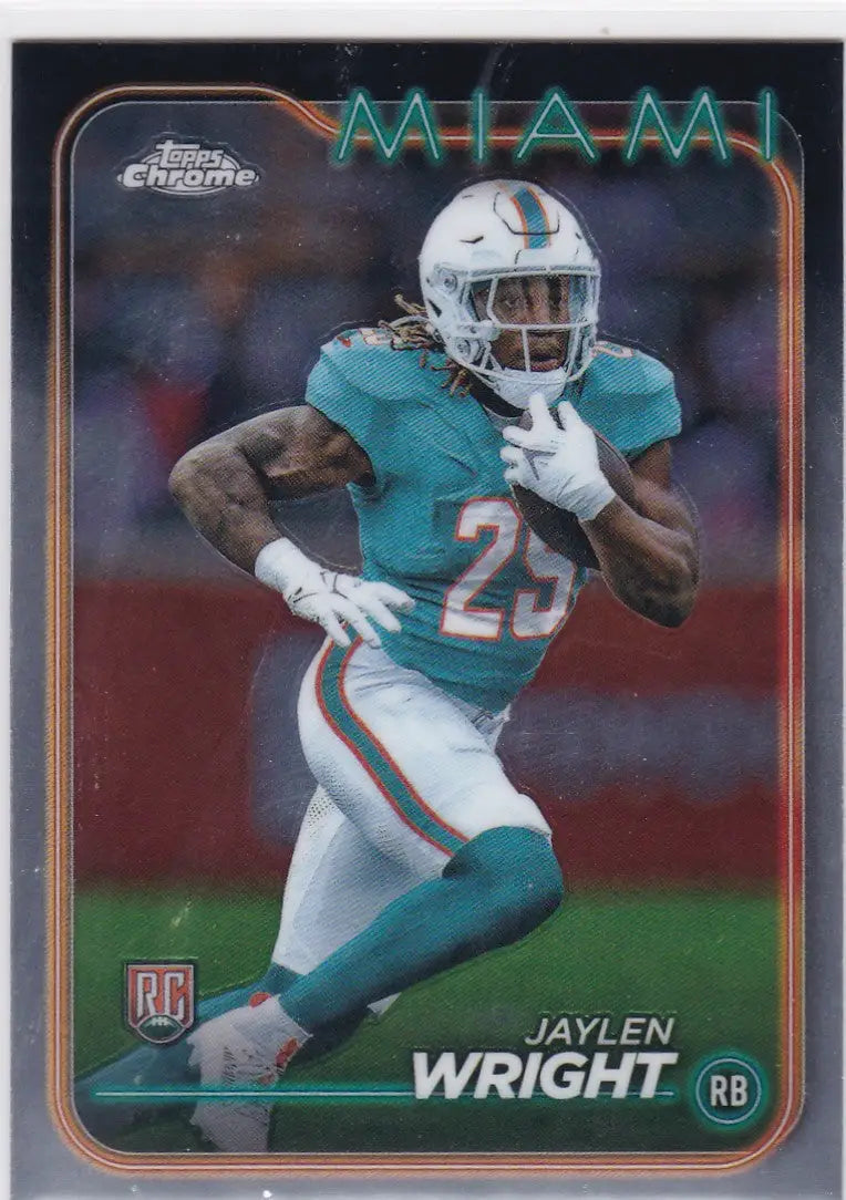 Jaylen Wright RC football card from 2024 Topps Chrome featuring Wright RC Miami Dolphins