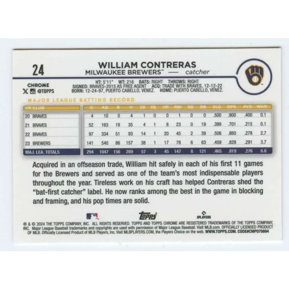2024 Topps Chrome #24 William Contreras NM-MT Milwaukee Brewers Baseball Card - Baseball Card Single