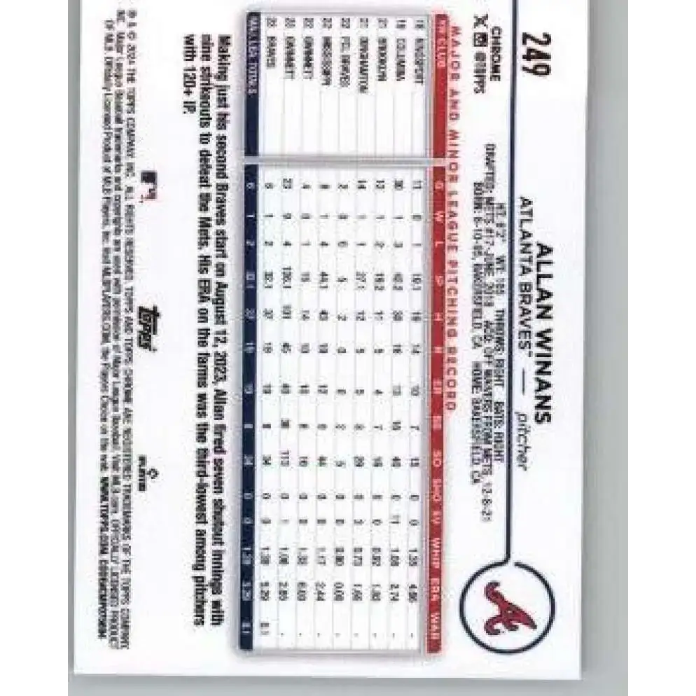 2024 Topps Chrome #249 Allan Winans NM-MT RC Rookie Atlanta Braves Baseball Card - Baseball Card Single