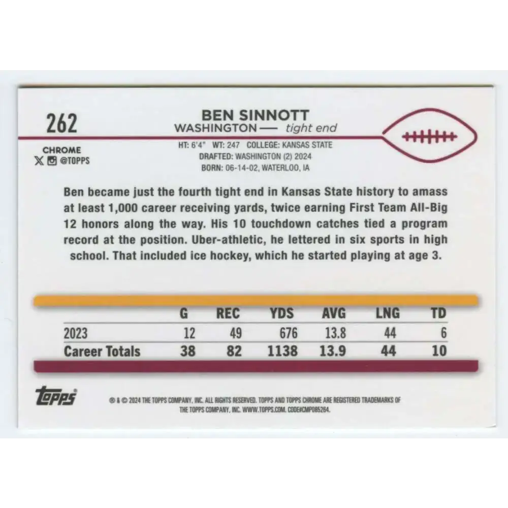 2024 Topps Chrome #262 Ben Sinnott NM-MT RC Rookie Washington Commanders Football Card - Football Card Single