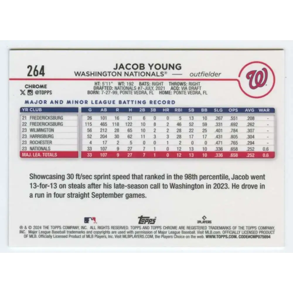 2024 Topps Chrome #264 Jacob Young NM-MT RC Rookie Washington Nationals Baseball Card - Baseball Card Single