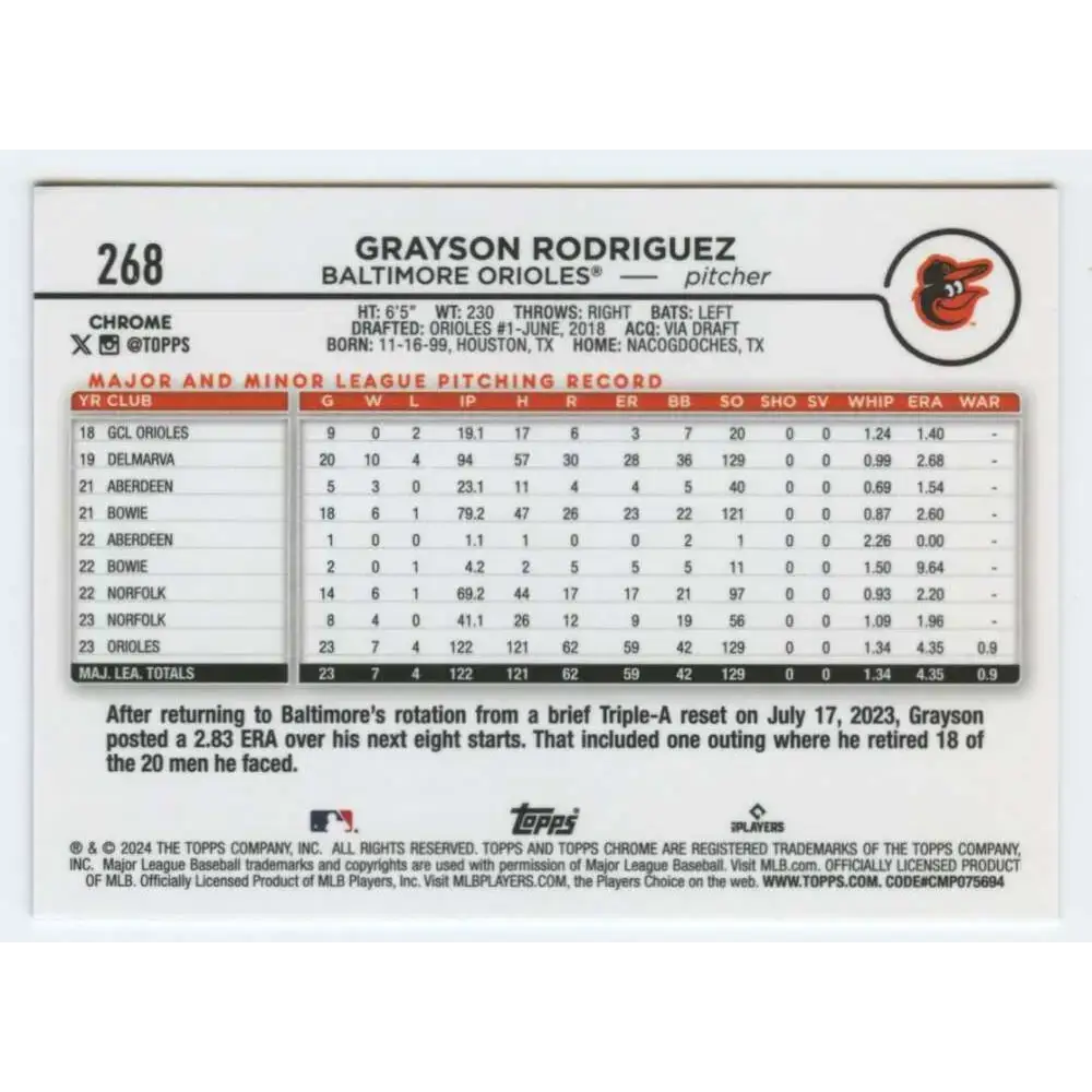 2024 Topps Chrome #268 Grayson Rodriguez NM-MT Baltimore Orioles Baseball Card - Baseball Card Single