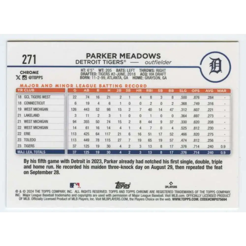 2024 Topps Chrome #271 Parker Meadows NM-MT RC Rookie Detroit Tigers Baseball Card - Baseball Card Single