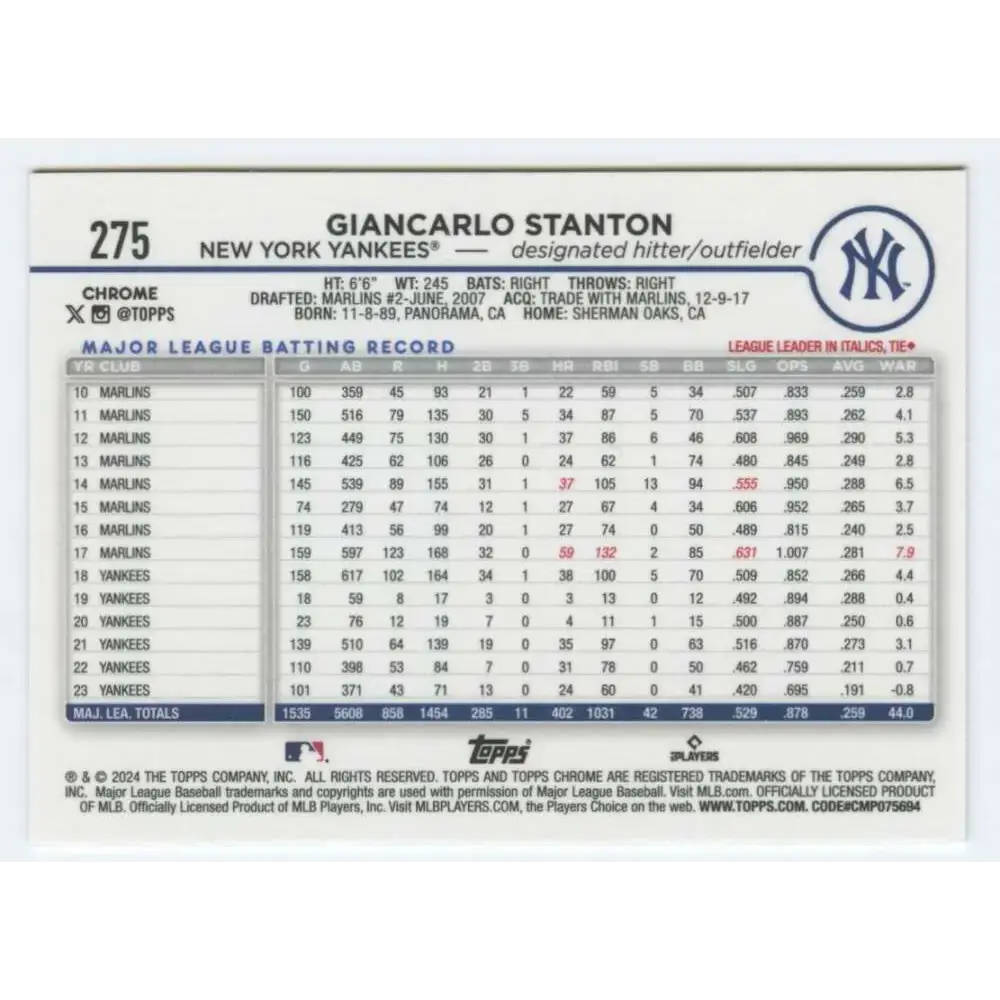 2024 Topps Chrome #275 Giancarlo Stanton NM-MT New York Yankees Baseball Card - Baseball Card Single