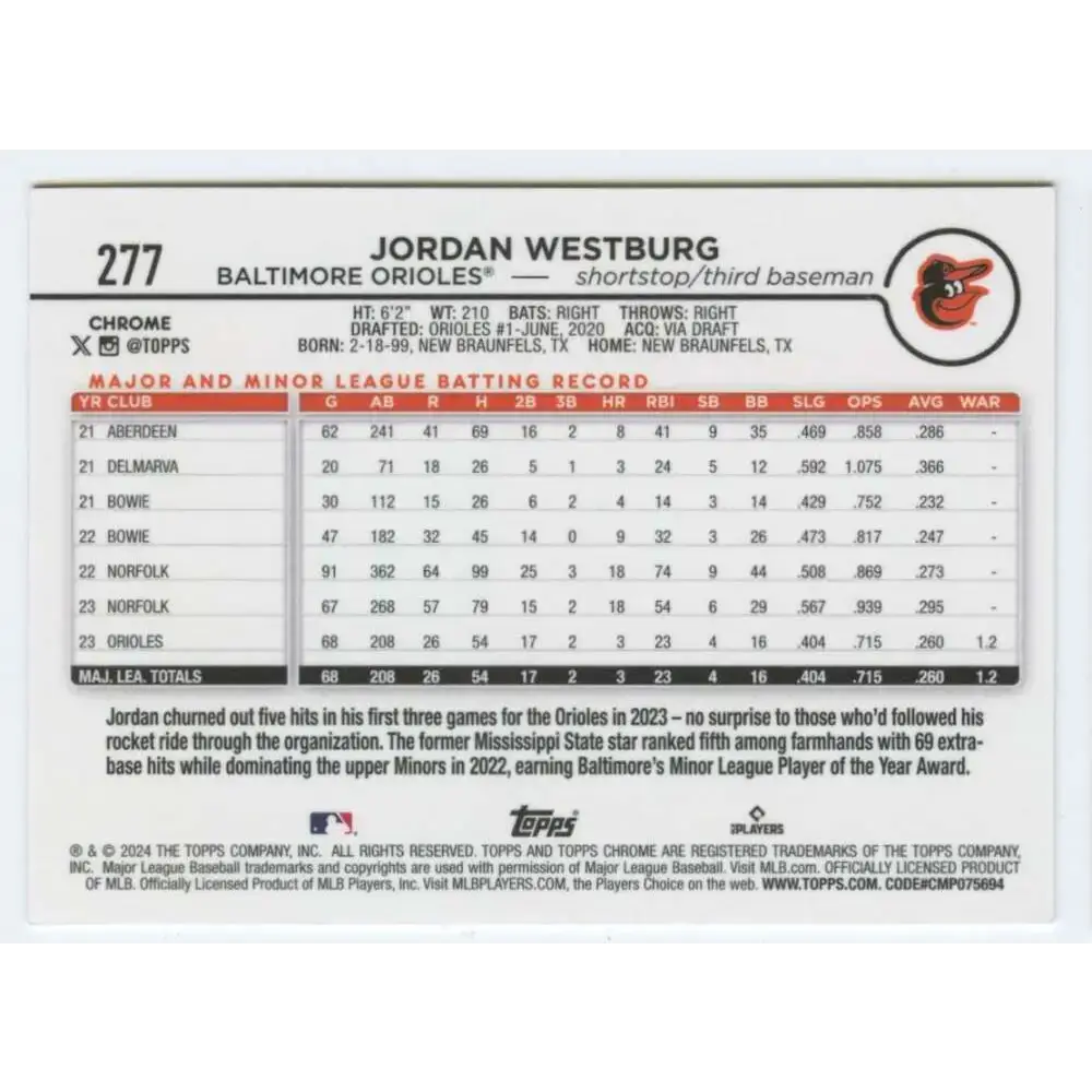 2024 Topps Chrome #277 Jordan Westburg NM-MT RC Rookie Baltimore Orioles Baseball Card - Baseball Card Single