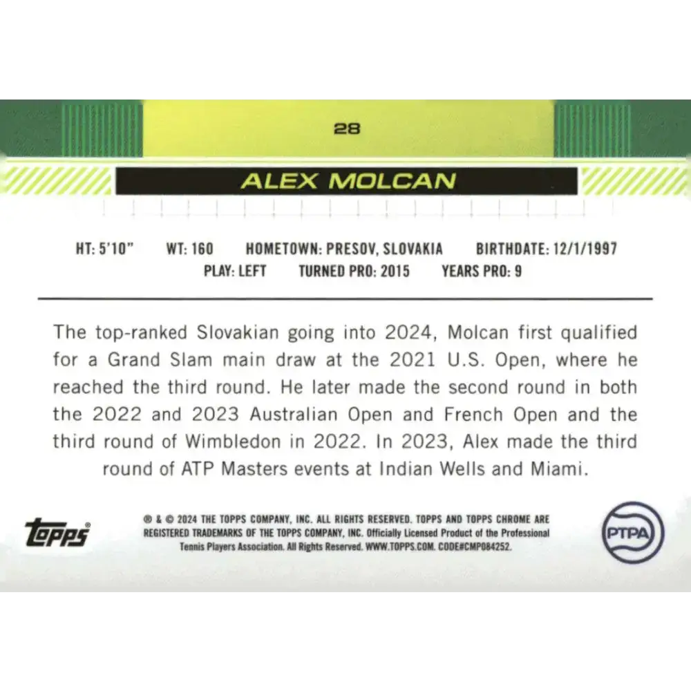 2024 Topps Chrome #28 Alex Molcan EX Excellent Tennis Card - Other