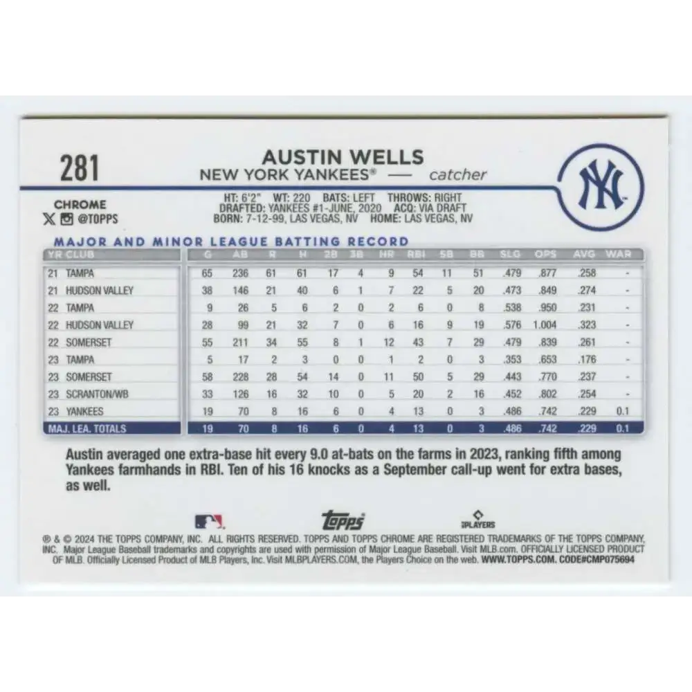 2024 Topps Chrome #281 Austin Wells NM-MT RC Rookie New York Yankees Baseball Card - Baseball Card Single