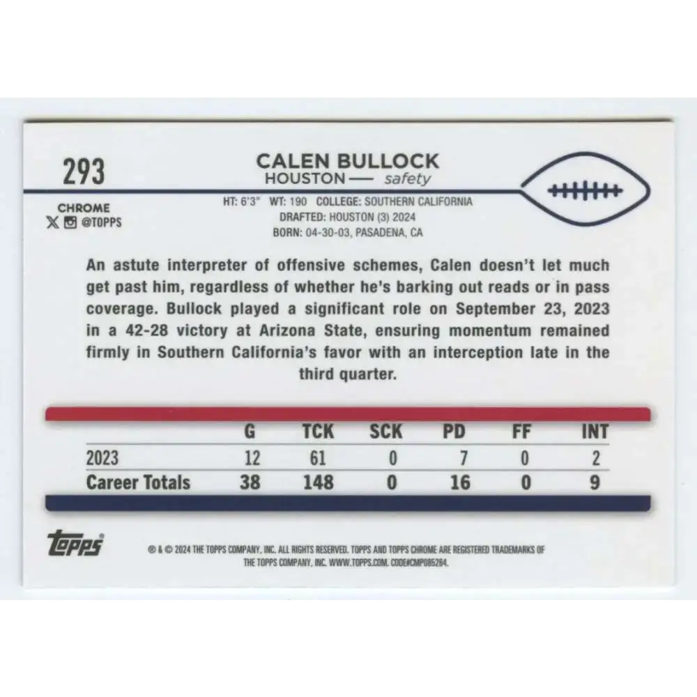 2024 Topps Chrome #293 Calen Bullock NM-MT RC Rookie Houston Texans Football Card - Football Card Single