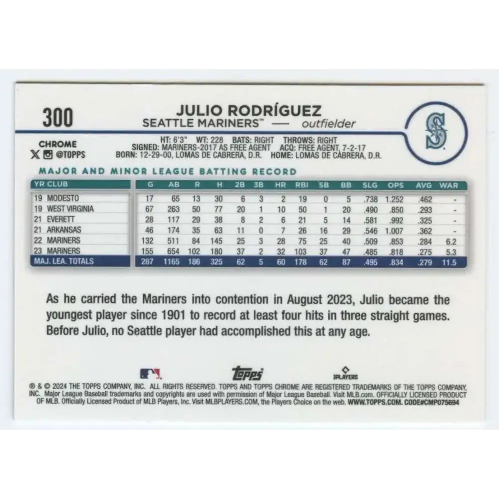 2024 Topps Chrome #300 Julio Rodriguez NM-MT Seattle Mariners Baseball Card - Baseball Card Single