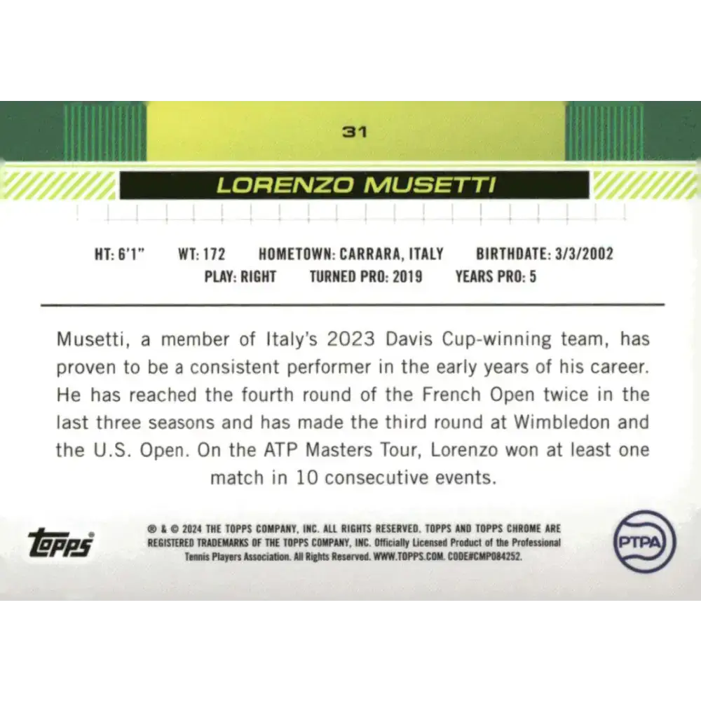 2024 Topps Chrome #31 Lorenzo Musetti EX Excellent Tennis Card - Other