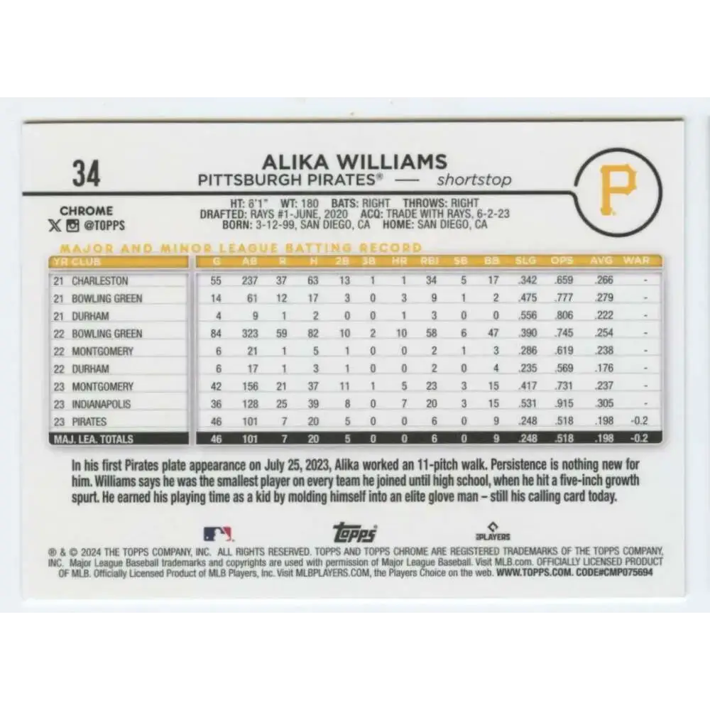 2024 Topps Chrome #34 Alika Williams NM-MT RC Rookie Pittsburgh Pirates Baseball Card - Baseball Card Single