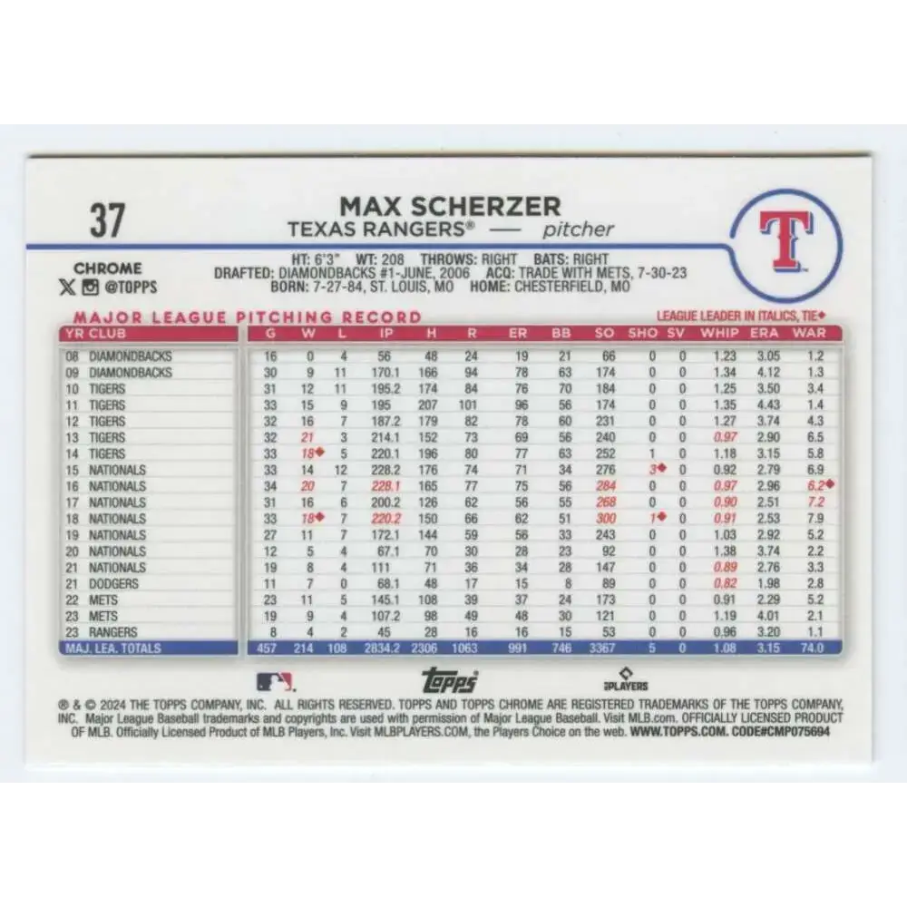2024 Topps Chrome #37 Max Scherzer NM-MT Texas Rangers Baseball Card - Baseball Card Single