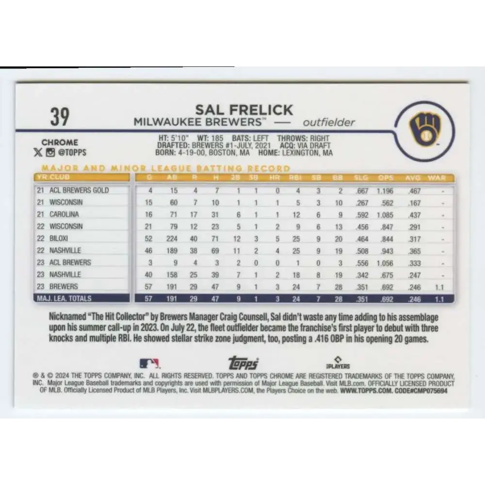 2024 Topps Chrome #39 Sal Frelick NM-MT RC Rookie Milwaukee Brewers Baseball Card - Baseball Card Single