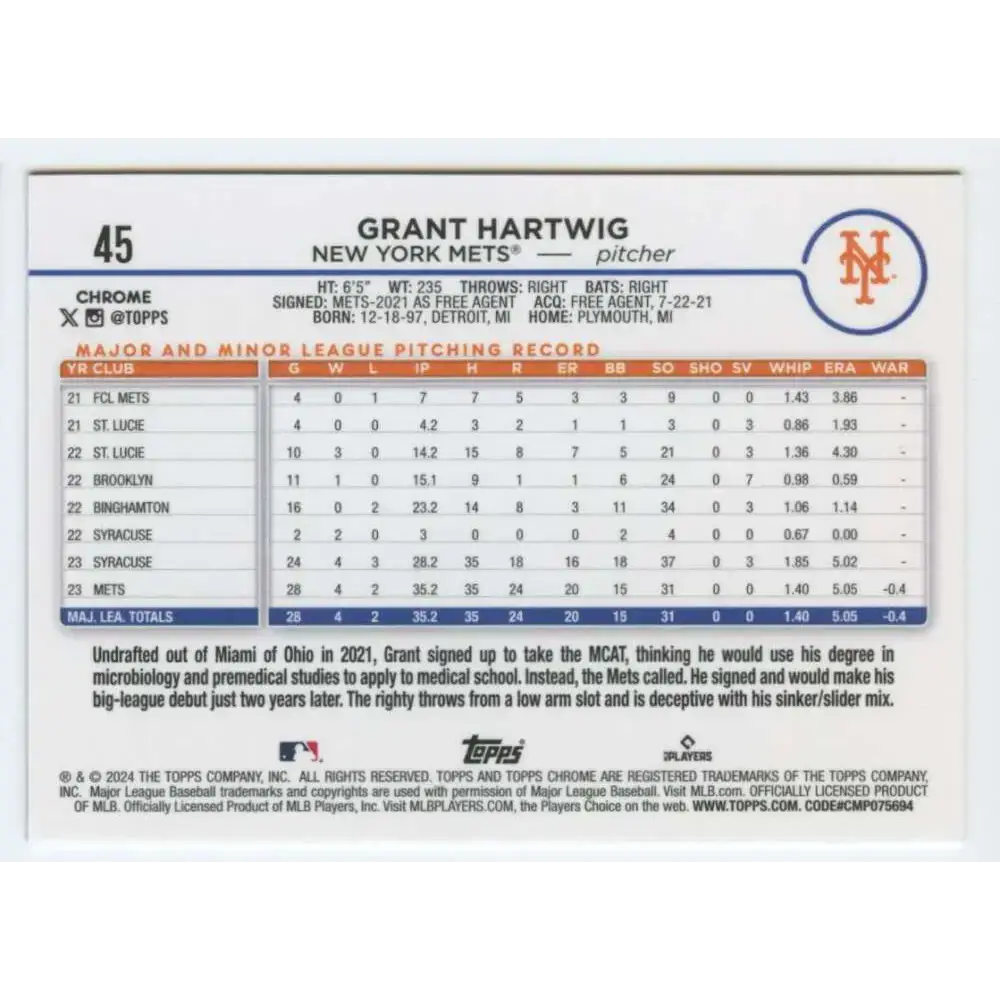 2024 Topps Chrome #45 Grant Hartwig NM-MT RC Rookie New York Mets Baseball Card - Baseball Card Single