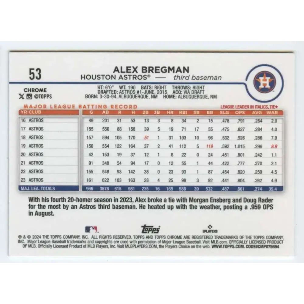 2024 Topps Chrome #53 Alex Bregman NM-MT Houston Astros Baseball Card - Baseball Card Single