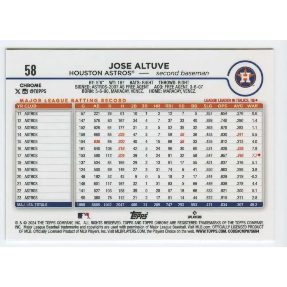 2024 Topps Chrome #58 Jose Altuve NM-MT Houston Astros Baseball Card - Baseball Card Single