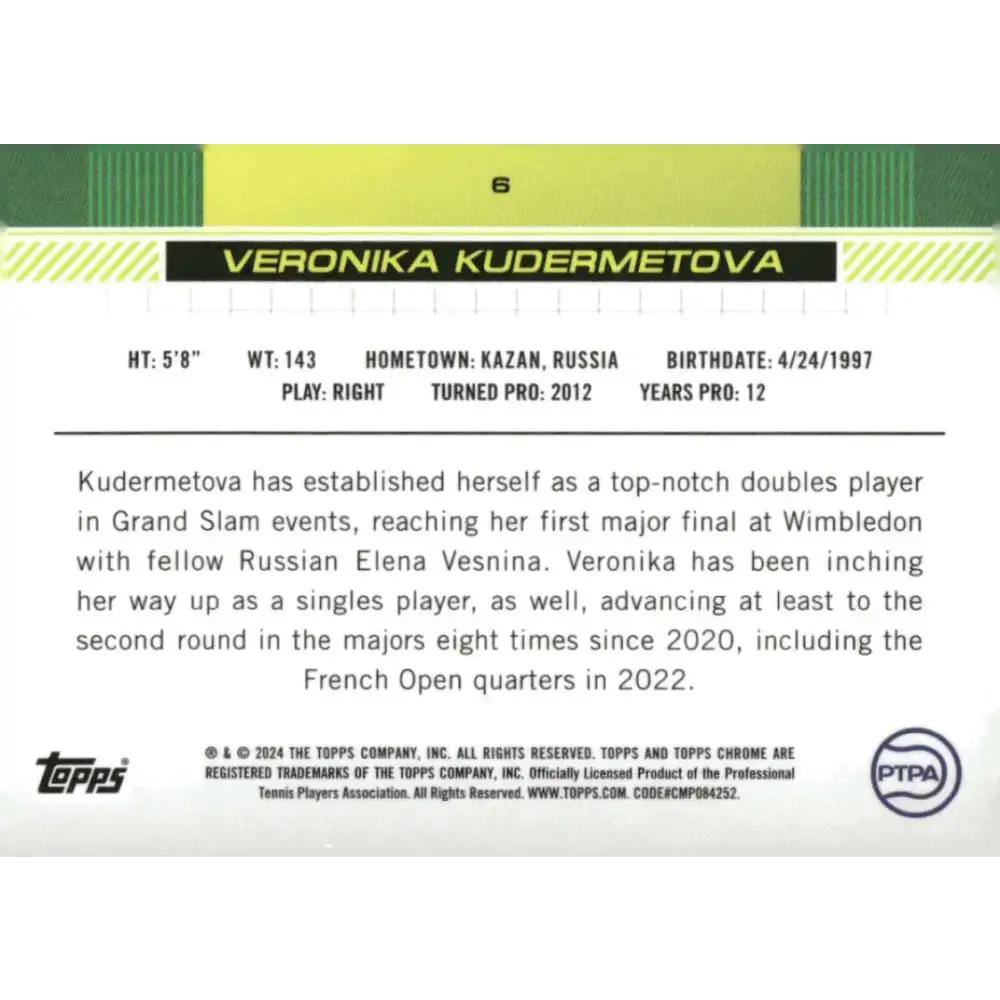 2024 Topps Chrome #6 Veronika Kudermetova EX Excellent Tennis Card - Tennis Card Single