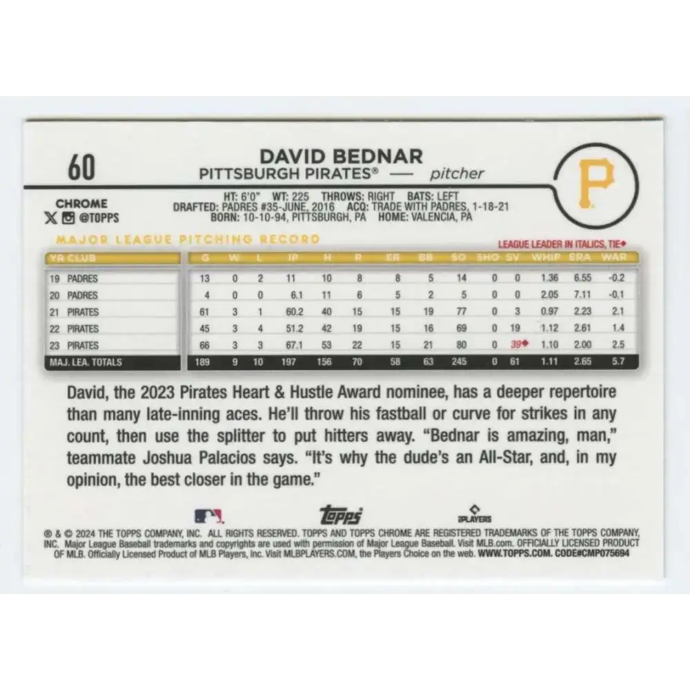 2024 Topps Chrome #60 David Bednar NM-MT Pittsburgh Pirates Baseball Card - Baseball Card Single
