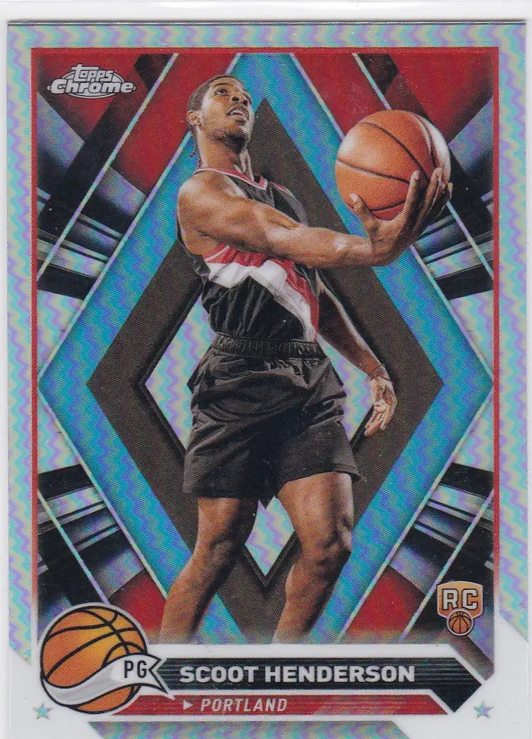 Basketball trading card of Scoot Henderson RC in black uniform for Topps Chrome