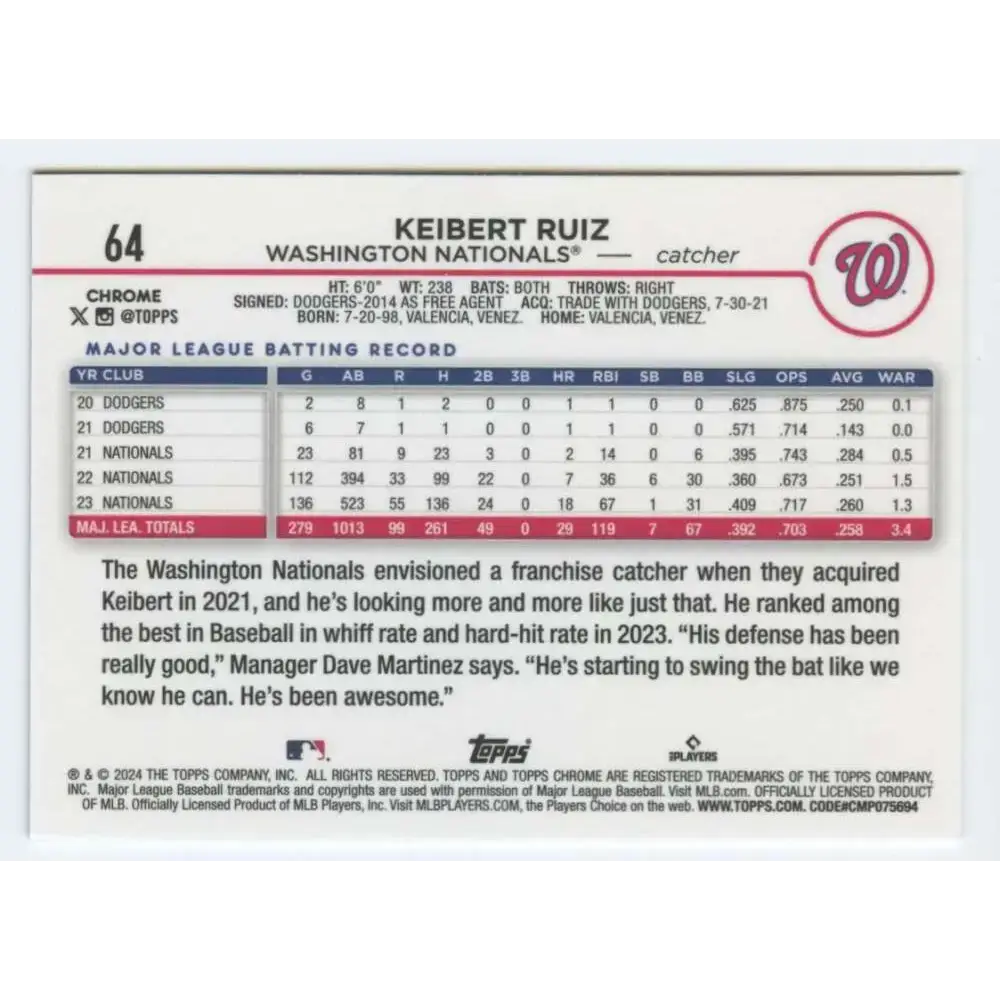 2024 Topps Chrome #64 Keibert Ruiz NM-MT Washington Nationals Baseball Card - Baseball Card Single