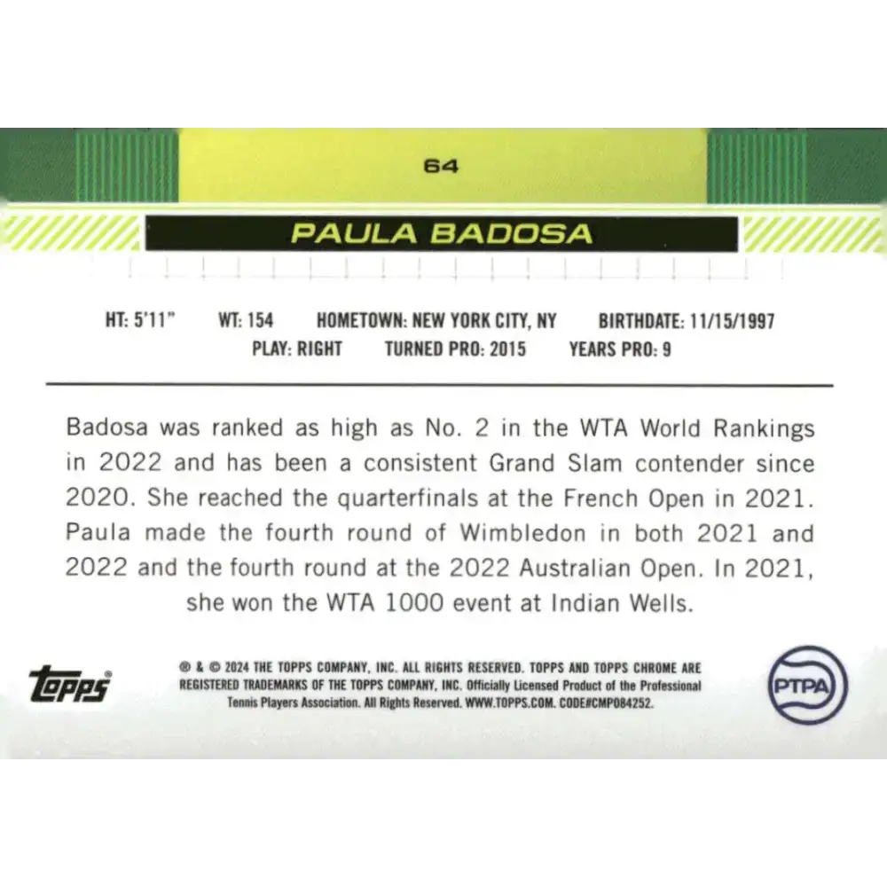 2024 Topps Chrome #64 Paula Badosa EX Excellent Tennis Card - Tennis Card Single
