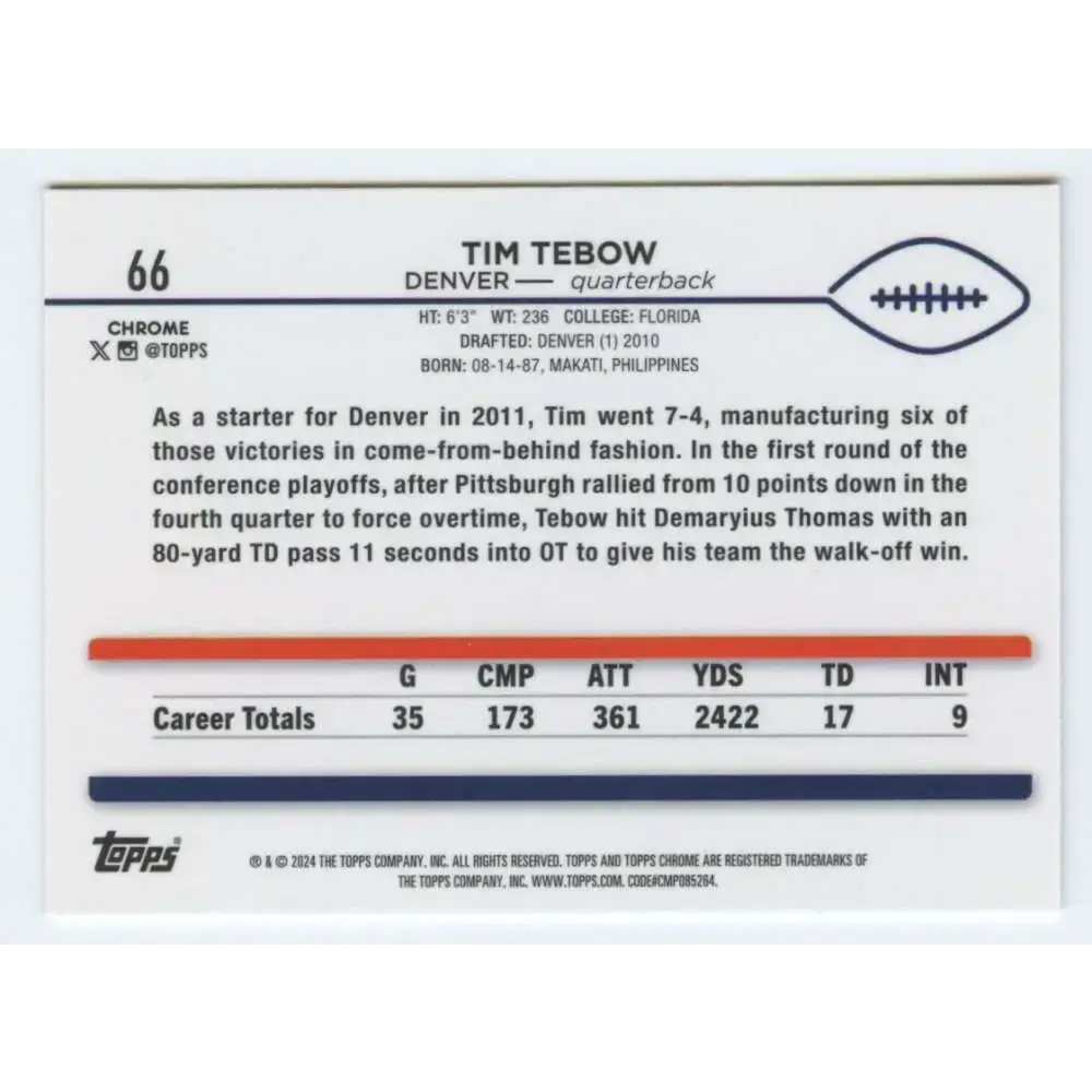 2024 Topps Chrome #66 Tim Tebow NM-MT Denver Broncos Football Card - Football Card Single