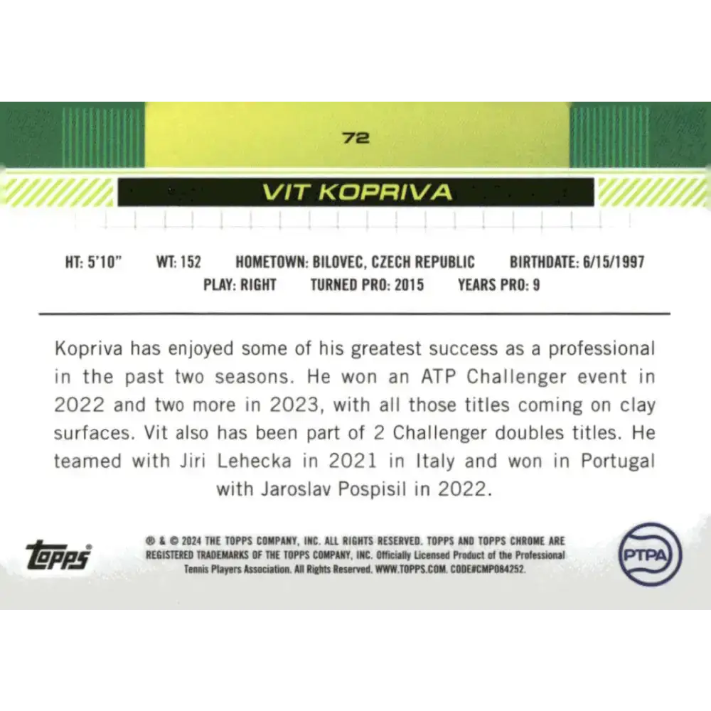 2024 Topps Chrome #72 Vit Kopriva EX Excellent Tennis Card - Other