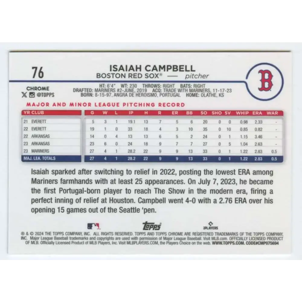 2024 Topps Chrome #76 Isaiah Campbell NM-MT RC Rookie Boston Red Sox Baseball Card - Baseball Card Single