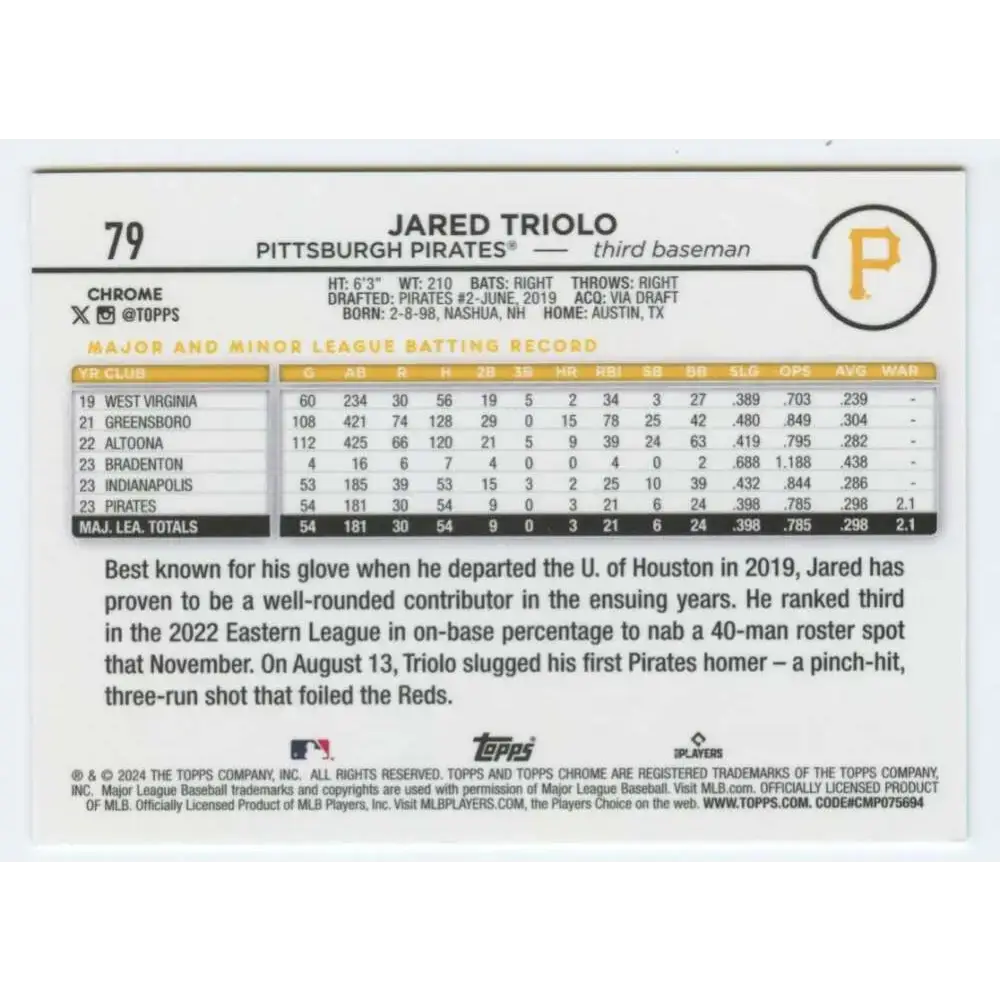 2024 Topps Chrome #79 Jared Triolo NM-MT RC Rookie Pittsburgh Pirates Baseball Card - Baseball Card Single