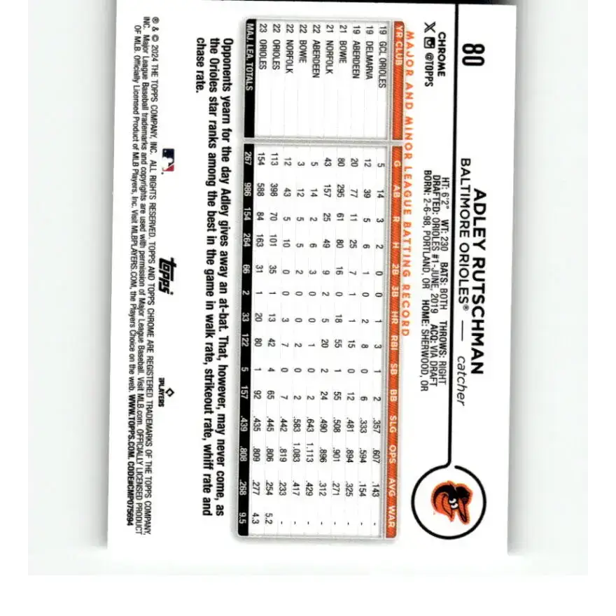 2024 Topps Chrome #80 Adley Rutschman NM-MT Baltimore Orioles Baseball Card - Baseball Card Single