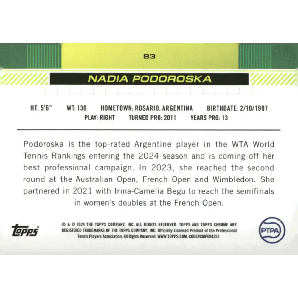 2024 Topps Chrome #83 Nadia Podoroska EX Excellent Tennis Card - Tennis Card Single