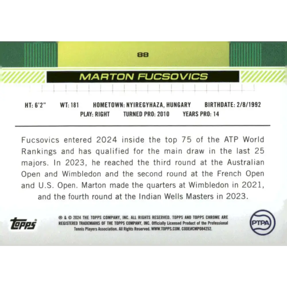 2024 Topps Chrome #88 Marton Fucsovics EX Excellent Tennis Card - Other