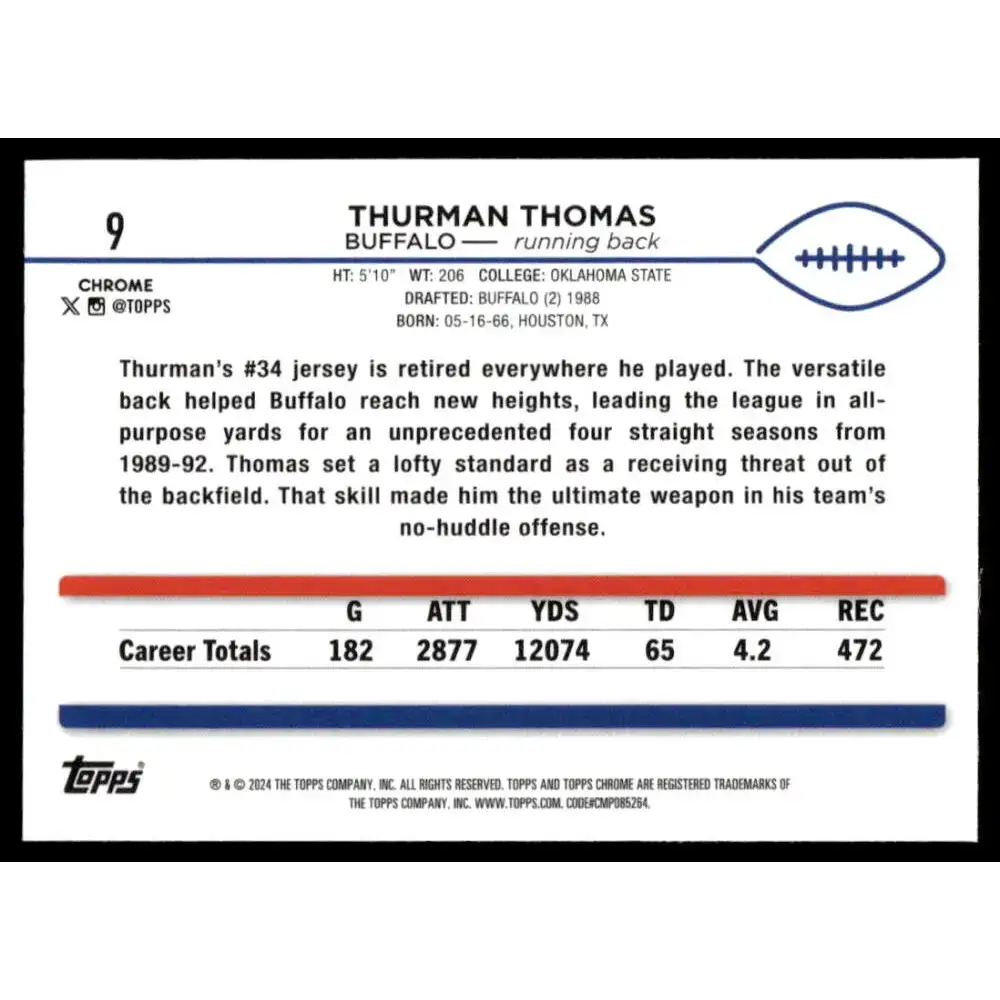 2024 Topps Chrome #9 Thurman Thomas NM-MT Buffalo Bills Football Card - Football Card Single