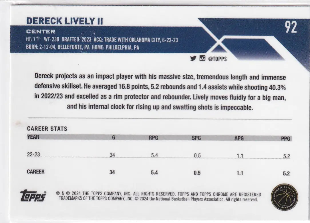 2024 TOPPS CHROME #92 DERECK LIVELY- DALLAS MAVERICKS - Basketball Card Single