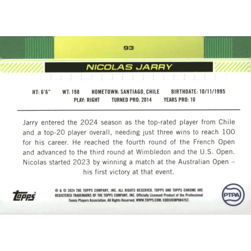 2024 Topps Chrome #93 Nicolas Jarry EX Excellent Tennis Card - Other