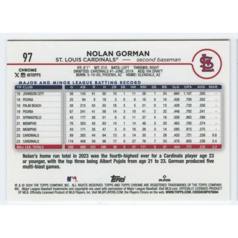 2024 Topps Chrome #97 Nolan Gorman NM-MT St Louis Cardinals Baseball Card - Baseball Card Single