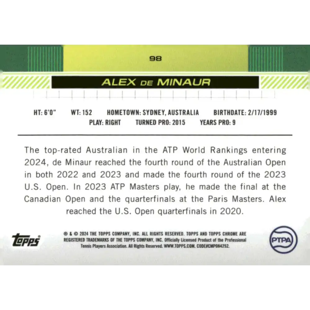 2024 Topps Chrome #98 Alex de Minaur EX Excellent Tennis Card - Other