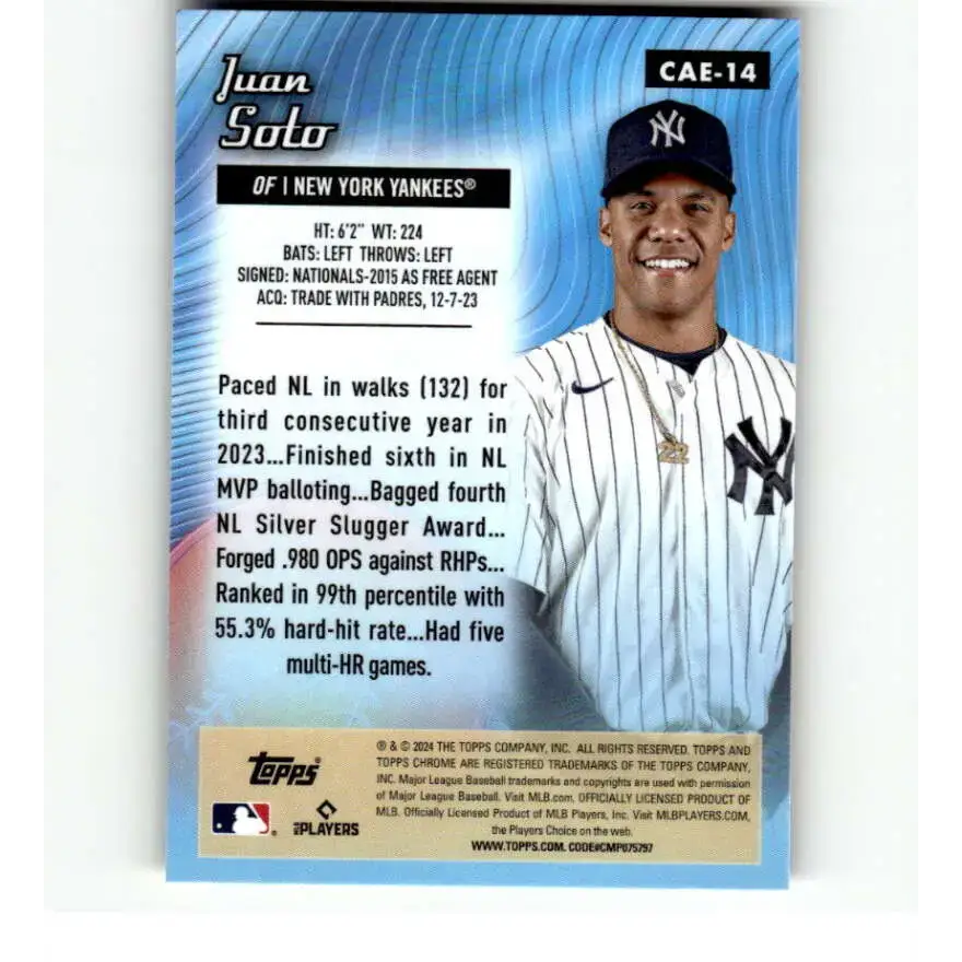 2024 Topps Chrome All Etch Refractor #CAE-14 Juan Soto NM-MT New York Yankees Baseball Card - Baseball Card Single
