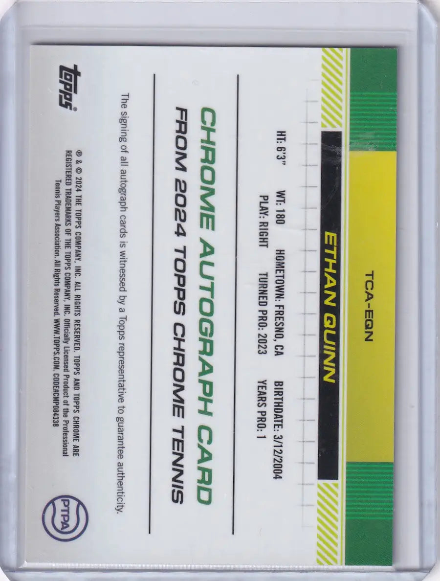 Topps Chrome Auto featuring Ethan Quinn with vibrant green and yellow design elements