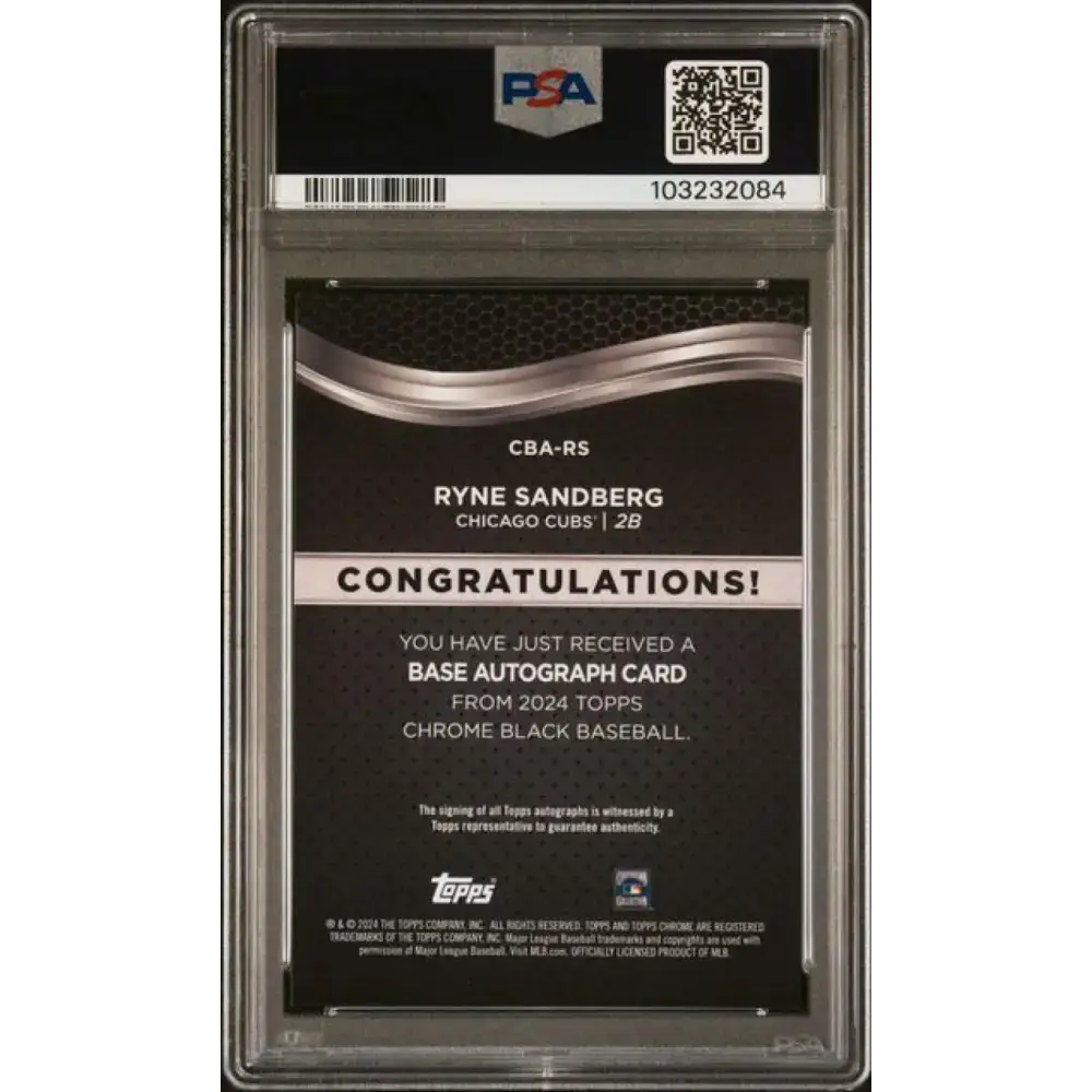 2024 Topps Chrome Black #CBA-RS Ryne Sandberg PSA 10 GEM MINT Auto Chicago Cubs Baseball Card - Baseball Card Single