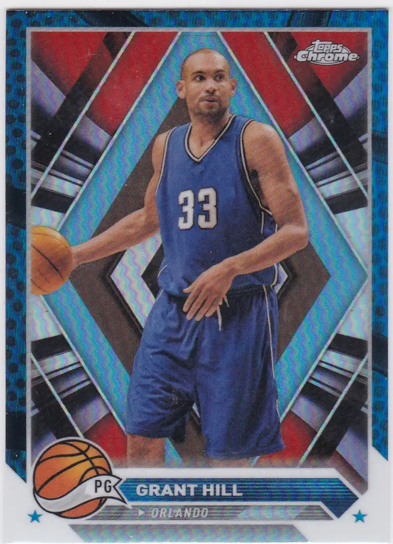 Basketball trading card of Grant Hill in blue #33 jersey for Topps Chrome Blue set