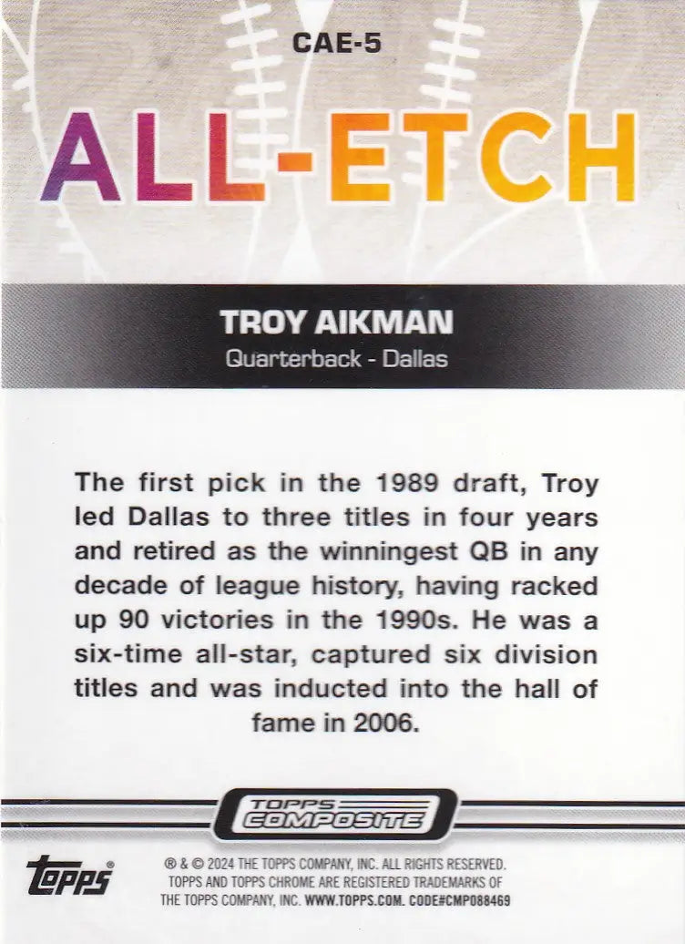2024 TOPPS CHROME #CAE-5 TROY AIKMAN ALL ETCH- DALLAS COWBOYS - Football Card Single