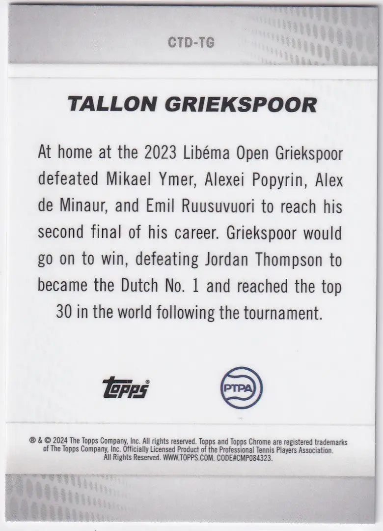 Topp Chrome Captured card featuring Tallon Griekspoor’s 2023 Libéma Open victory