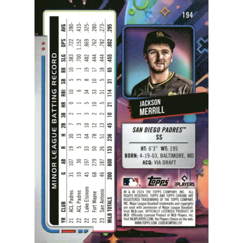 2024 Topps Chrome Cosmic #194 Jackson Merrill NM-MT RC Rookie San Diego Padres Baseball Card - Baseball Card Single