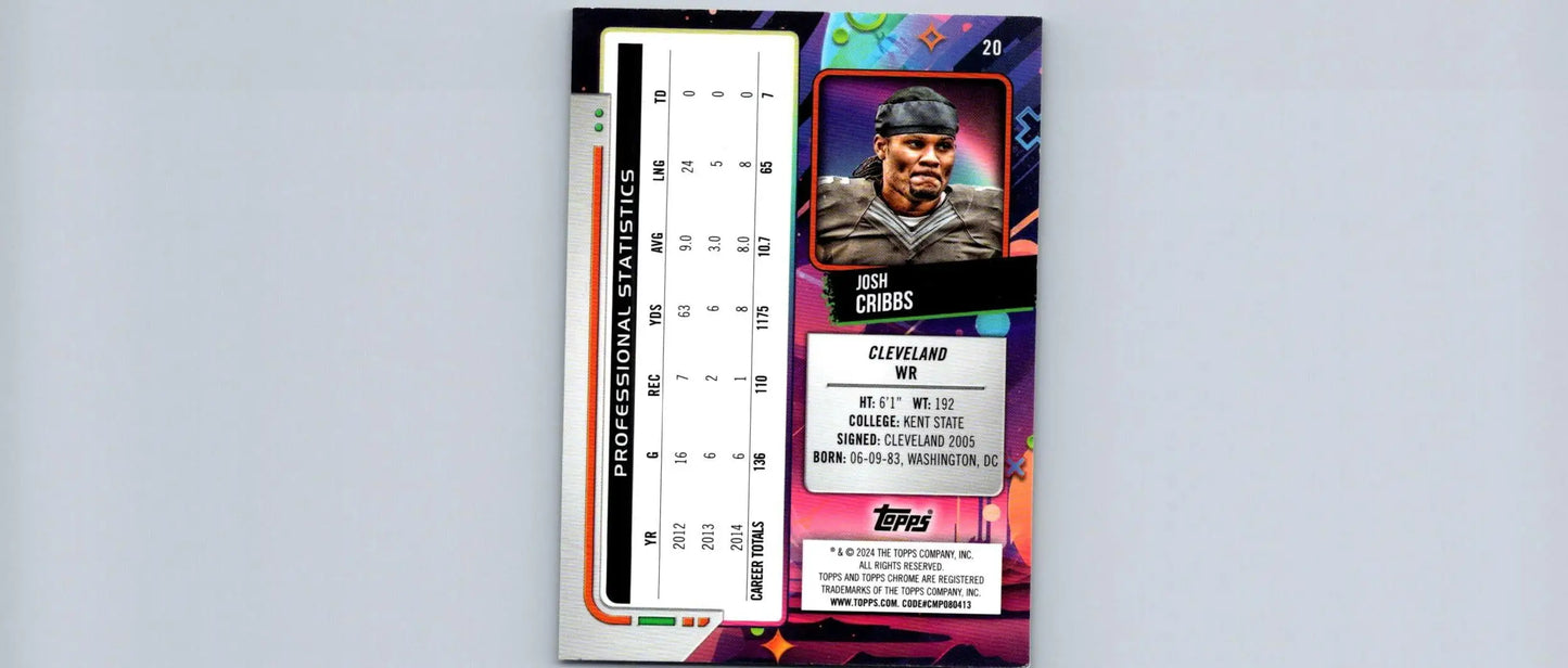 Sports trading card featuring Josh Cribbs from 2024 Topps Chrome Cosmic collection