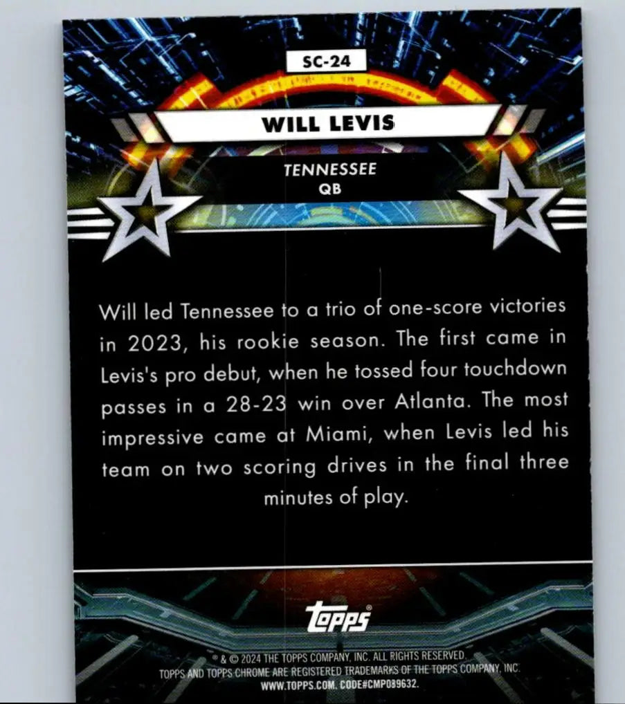 Back of a Will Levis Tennessee QB trading card from 2024 Topps Chrome Cosmic Levis Star Command