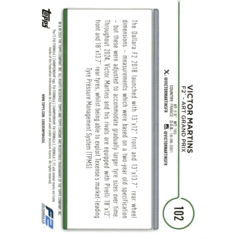 2024 Topps Chrome Formula 1 #102 Victor Martins EX Excellent F2 - ART Grand Prix Racing Card - Racing Card Single