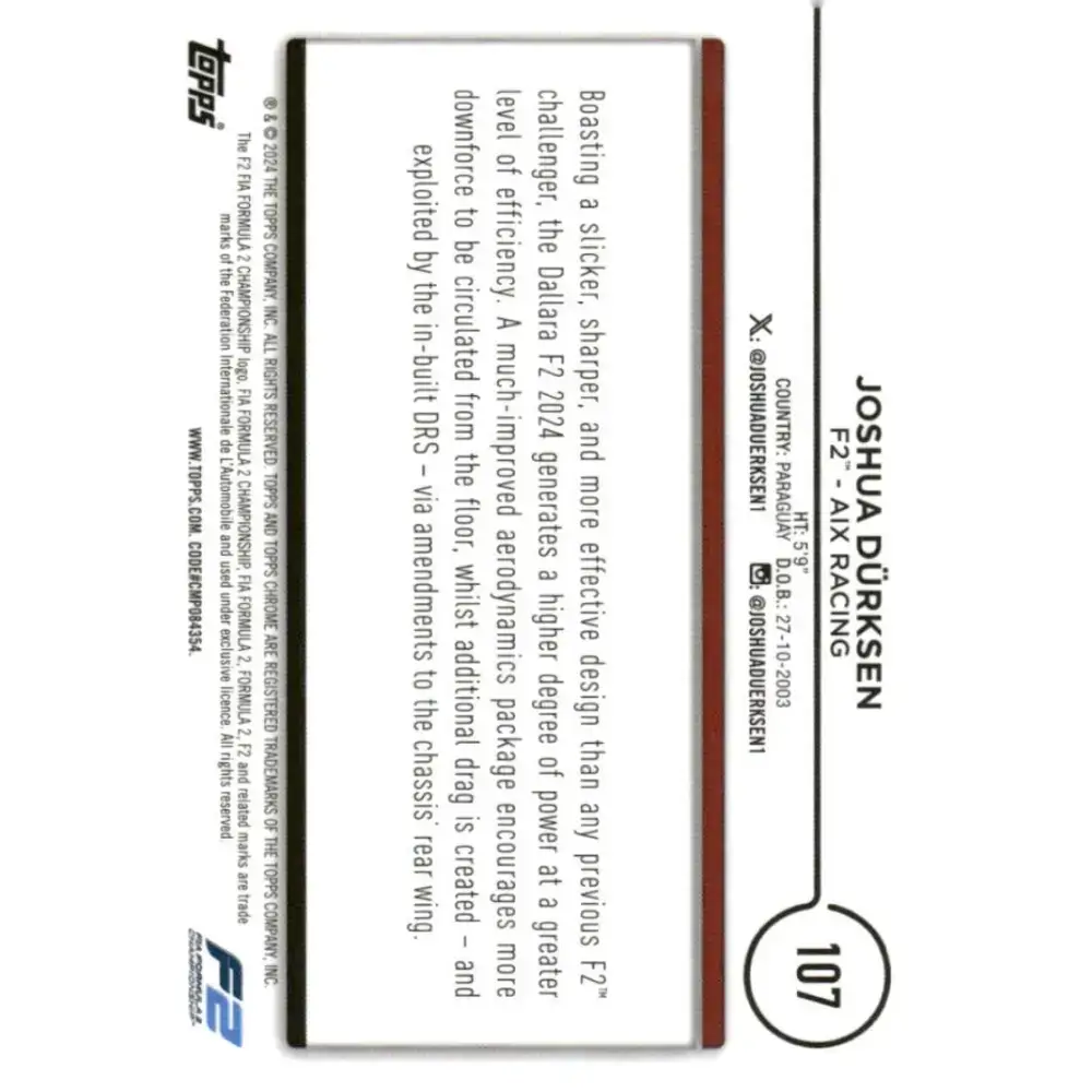 2024 Topps Chrome Formula 1 #107 Joshua Durksen EX Excellent F2 - AIX Racing Racing Card - Racing Card Single