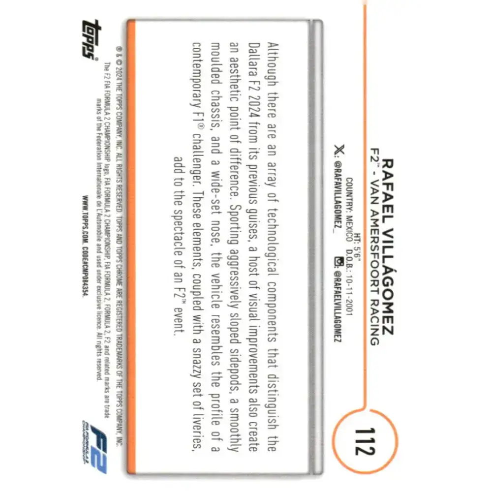 2024 Topps Chrome Formula 1 #112 Rafael Villagomez EX Excellent F2 - Van Amersfoort Racing Racing Card - Racing Card