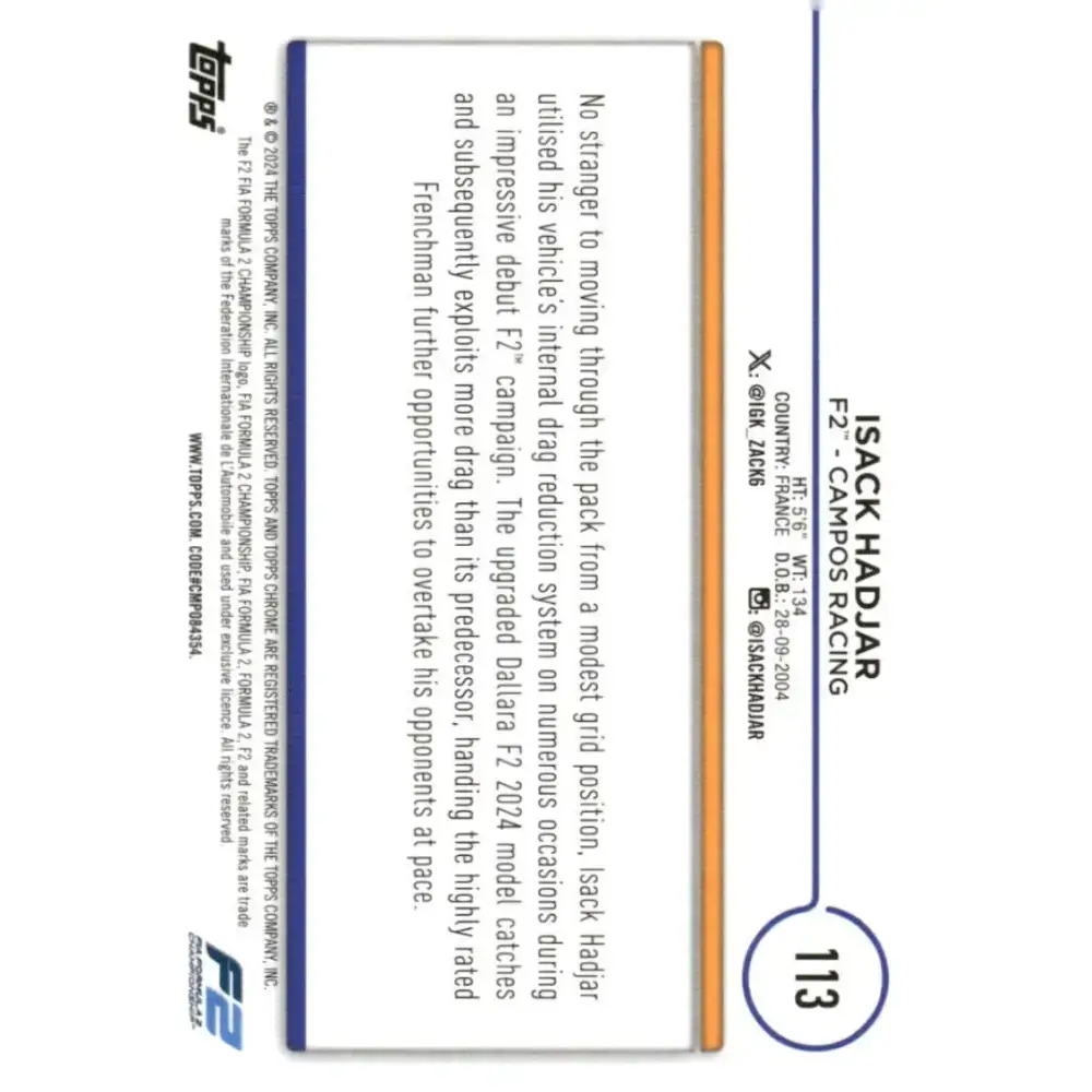 2024 Topps Chrome Formula 1 #113 Isack Hadjar EX Excellent F2 - Campos Racing Racing Card - Racing Card Single